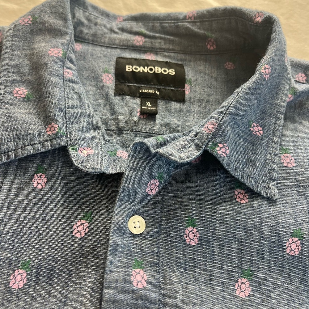Bonobos Blue Chambray Shirt with Pink and Green Pineapple Design